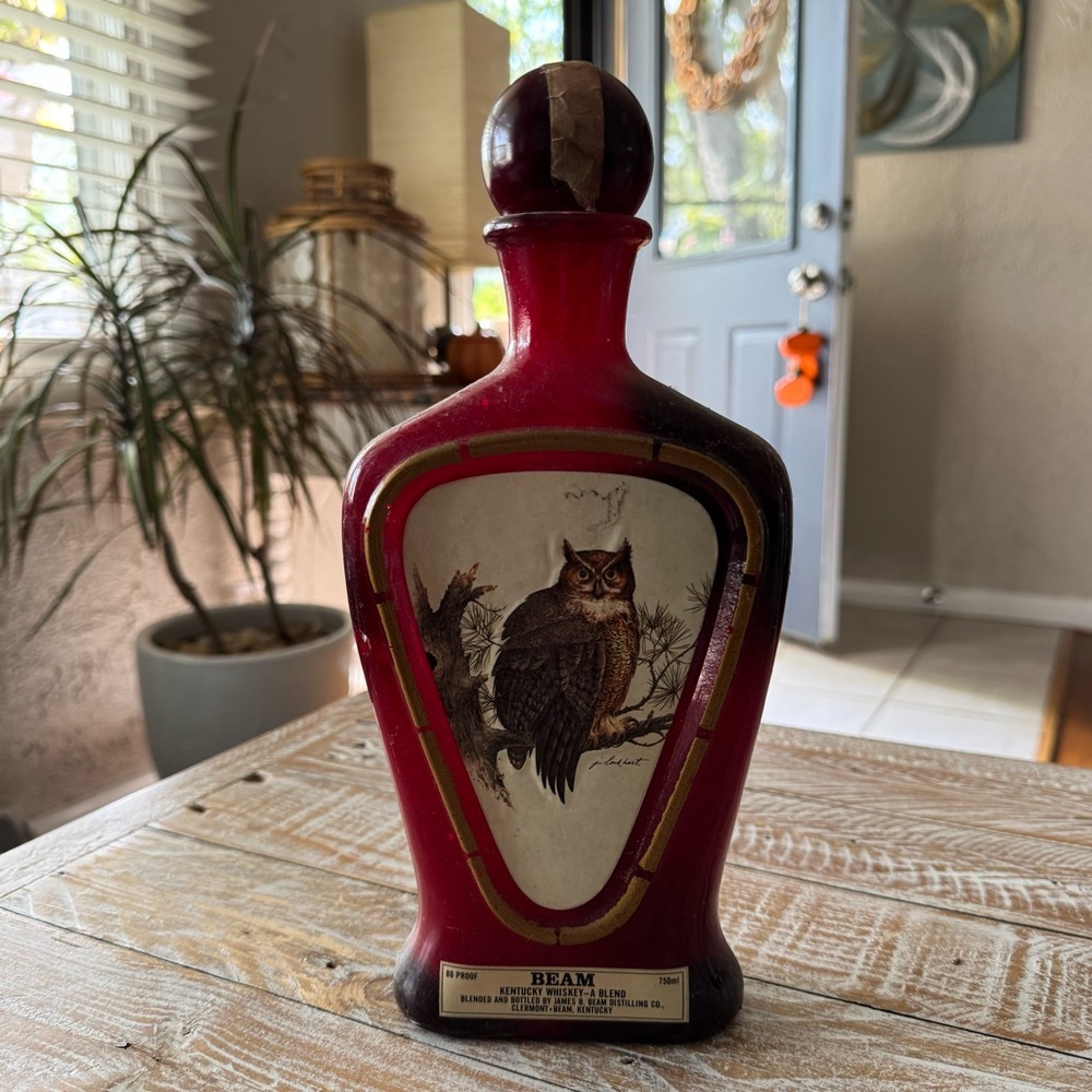 Vintage 1981 🦉 Jim Beam Horned Owl Decanter Whiskey Glass 🥃 Collectible Bottle